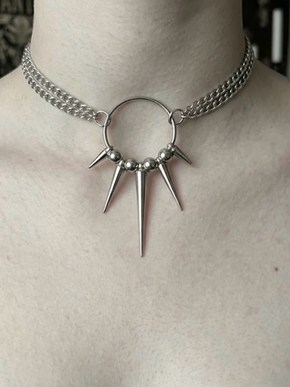 Hand Crafted Double Chain Spike Ring Choker Necklace